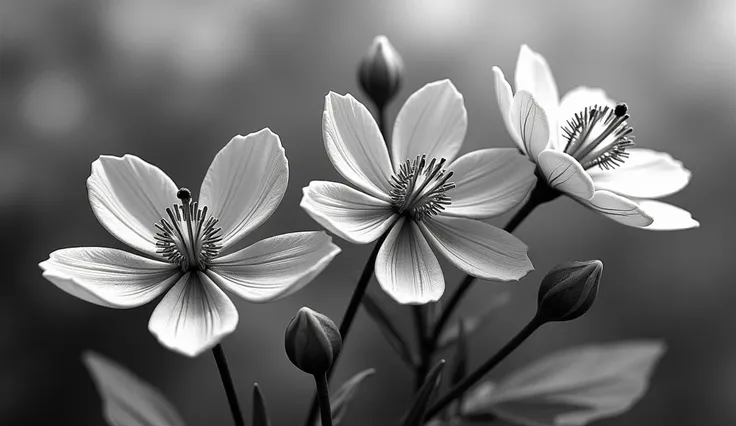 Monochrome fractal pattern of flowers with gentle color accents.