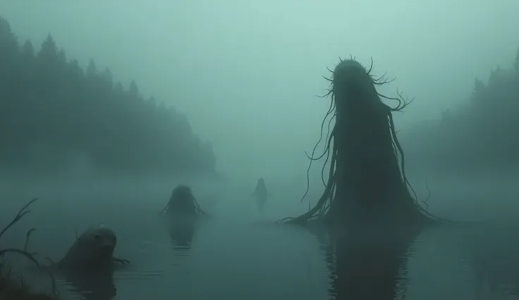 heavy fog , dark environment, Lake, Bizarre creatures