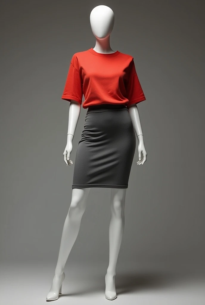 Mannequin with a tight dress without a belt with short sleeves fitted to the body in gray  ,  with a short red sweatshirt above the breasts together with high tights in white