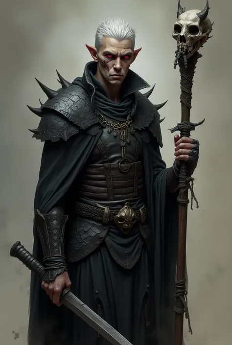 
in a fantasy style there is a skinny,tall necromancer with short, gray hair and deep crimson eyes. He wears a black torn robe and dragonscale armor. He carries a dark sword on his hip and a necromancer staff with a vampire skull on top in his hand. He has...