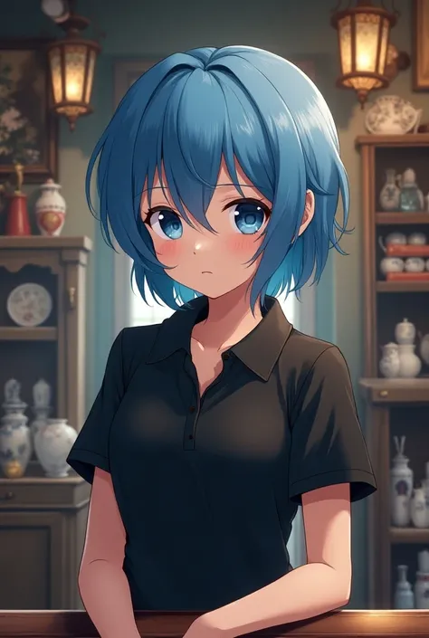 anime,  the face of a beautiful woman , short blue hair, blue eyes,  black polo shirt , Rick is at par ,    both behind a counter ,  antique shopping store.