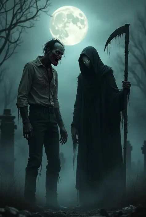 ☻Create an image featuring a zombie and a wraith side by side, highlighting their unique characteristics while emphasizing their shared properties.

On the left, depict a zombie with decaying flesh, sunken eyes, and tattered clothing that hangs loosely fro...