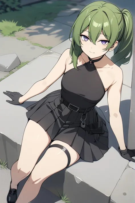 Yubel, 1 girl, green hair , bangs, hair between eyes ,  side ponytail,  purple eyes,
 black choker , clavicle,  sleeveless,  black dress, sleeveless dress,   halter neck, pleated skirt,  black gloves ,belt,Black shoes,
 viewers, Half-open eyes, Expressionl...