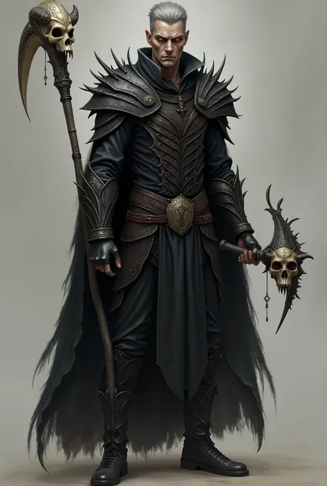 
in a fantasy style there is a skinny,tall necromancer with short, gray hair and deep crimson eyes. He wears a black torn robe and dragonscale armor. He carries a dark sword on his hip and a necromancer staff with a vampire skull on top in his hand. He has...