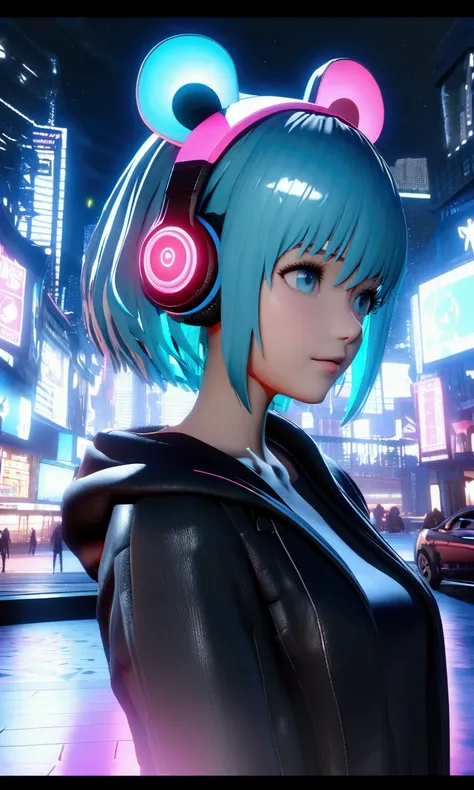 (Front View, Face-to-Face Audience :1.2), in the center, 3d, 3dモデル,   unreal engine , | digital headshot , |  1 girl, Alone,  aqua hair color ,  short hairstyle, Light blue eyes, | ( neon wireless headphones headset:1.2), ( black neon futuristic mouse mask...