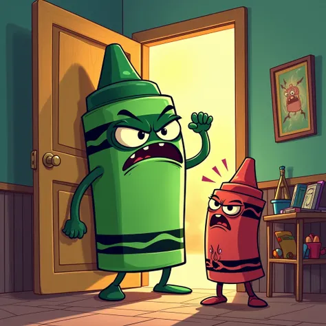 a very angry animated green crayola entering your partners house which is another crayola