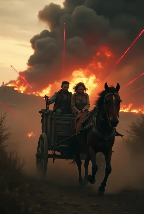  A buggy with a man and a woman fleeing a hill with a burning village, Black smoke in the sky, red laser beams in the background 