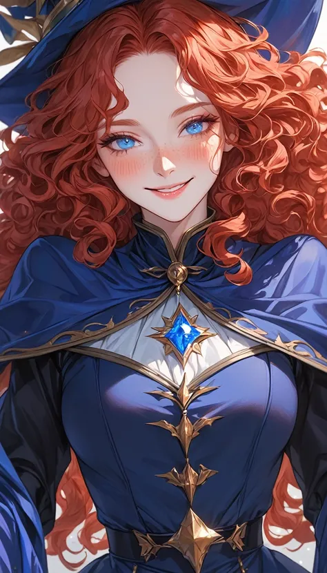 Mature Woman with red curly long hair, freckles, light blue eyes, half-closed eyes, longeyelashes, smile, blush, dark blue magician clothes, masterpiece, anatomically corrected