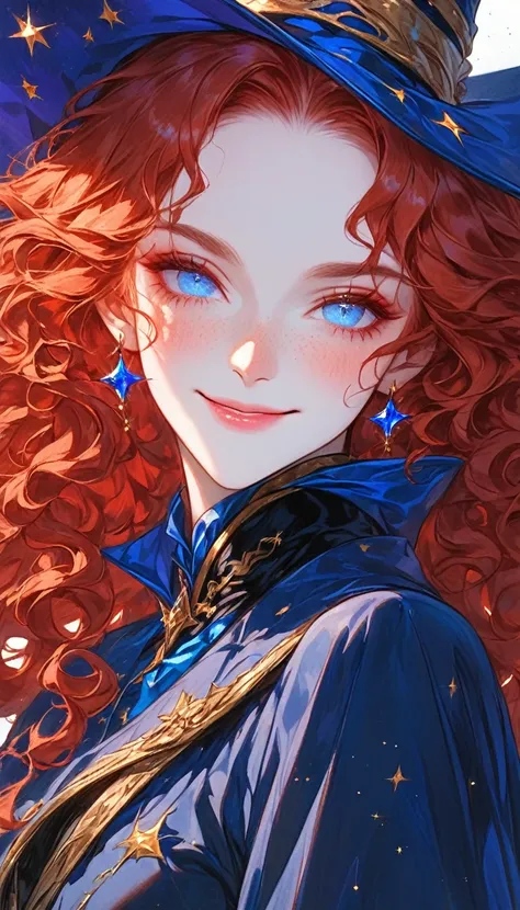 Mature Woman with red curly long hair, freckles, light blue eyes, half-closed eyes, longeyelashes, smile, blush, dark blue magician clothes, masterpiece, anatomically corrected