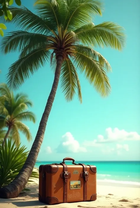 A suitcase under the palm