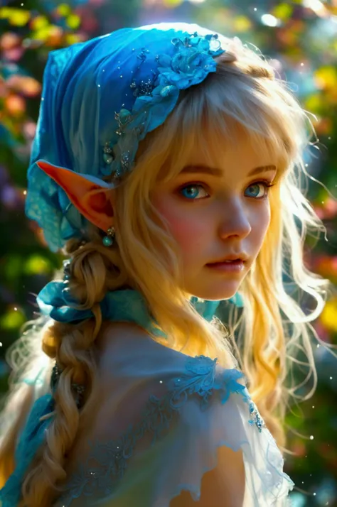 Elf de 13 ans aux cheveux long lisse et blanc avec deux yeux bleu violet et vert avec des tache de rousseur , une peau tres claire avec une robe de déesse blanche et doré acec des bisous dore et turquoise avec une cape transparente blance avec des paillet ...