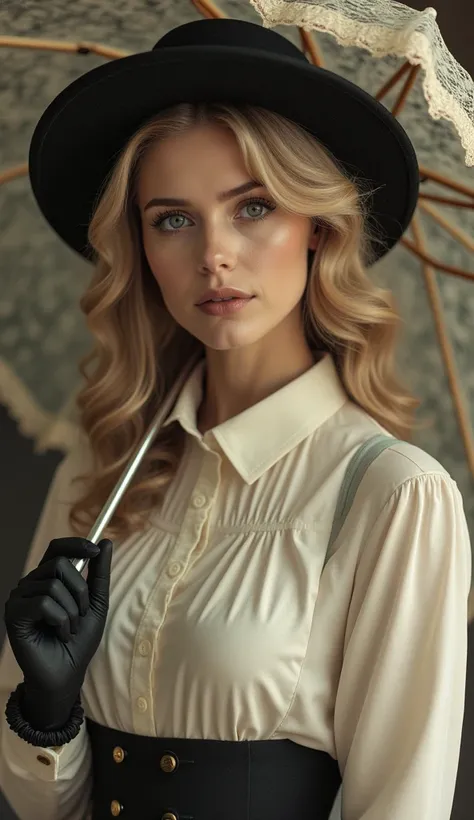 old photo, abrasions , retro style,  lady long wavy hair , combed light curls on one side,  big beautiful eyes ,  lace umbrella ,  suit skirt bell ,  white blouse black gloves ,hat,solo,  high resolution , Breasts,  Short hair,  blond hair,  Hair flower , ...