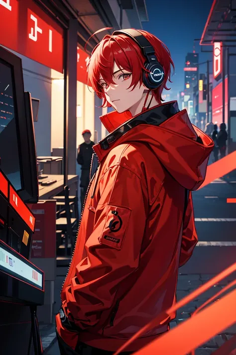 A stunning, colorful artwork featuring, leader boy with red headphones, red hair and black jacket with hood and mix DJ. The scene wonderfull ciberpunk city and several light in the midle the night. 4k full HD
