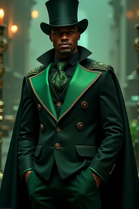  Create an image of a brown man , with green and black suit ,  make it with a green and black cape and a top hat