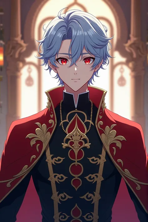 Anime male, Short light blue curly hair, buzz cute, pale skin, red crimson eyes, tall male, muscular, royal guard, noble, big eyelashes 