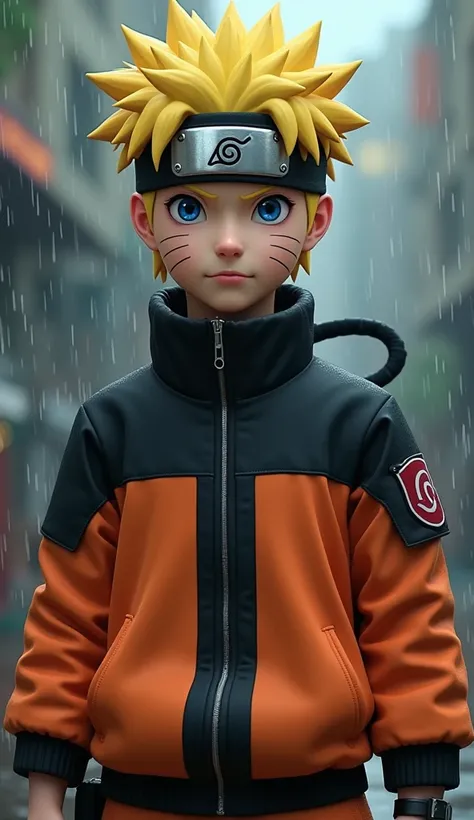 Naruto Uzumaki, age 16, portrait from chest to hips, wearing orange and black jacket with zipper, ninja tool pouch, young ninja with spiky blonde hair and whisker marks, caught in the rain, intense blue eyes, water droplets on face, dramatic bokeh backgrou...