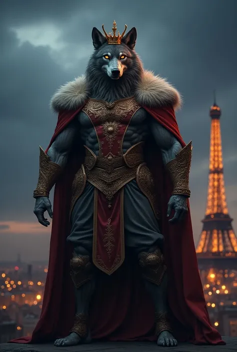 A hyperrealistic 9:16 image (GIANT KING) humanoid with (WOLF) head wearing (ROYAL FRENCH CLOTHES AND A CROWN). 4K HDR with fine details. Muscular and majestic. Volumetric lighting, RTX reflections, dynamic effects. The background is (Eiffel Tower with Pari...