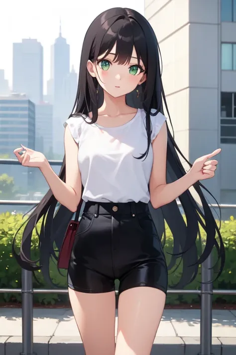 ( Best quality)), ((masterpiece)), (DETAILED), 1 girl, outfit casual, very long black hair,  green eyes, small, slim, tender