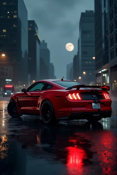 Ford mustang Shelby, red lights back, black windows, night, wet road, gray and cloudy sky, dark, side view, rainy, shiny, shiny, masterpiece, cinematic, tall buildings  Busy city, night moon, dark night