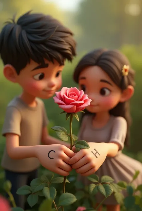 Two boy and girl hand picked a rose and A capital written on boy hand and H capital on girl hand 20 year old 3d