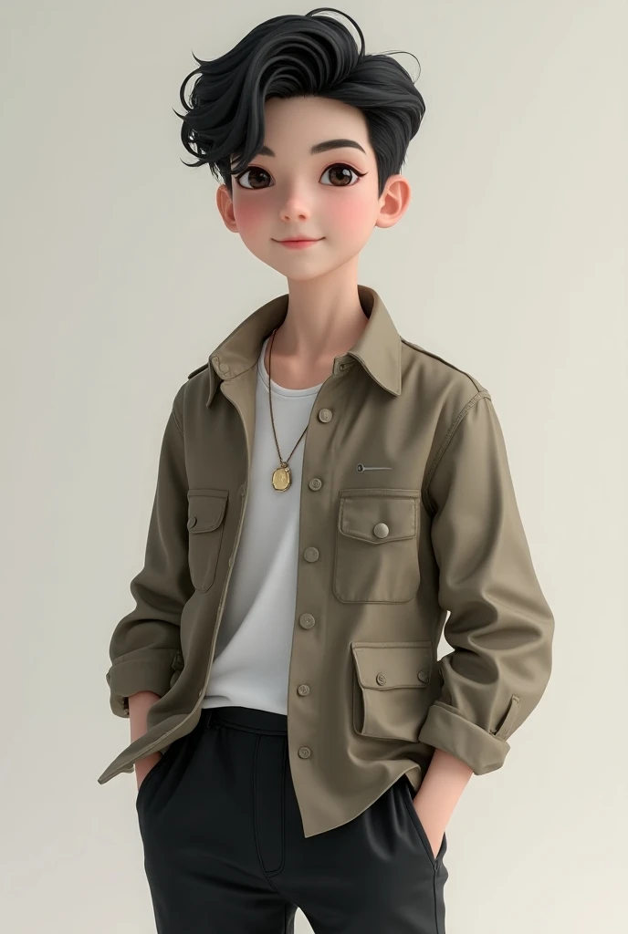 A teenage boy, white, Slim and stylish aesthetic clothing with black hair