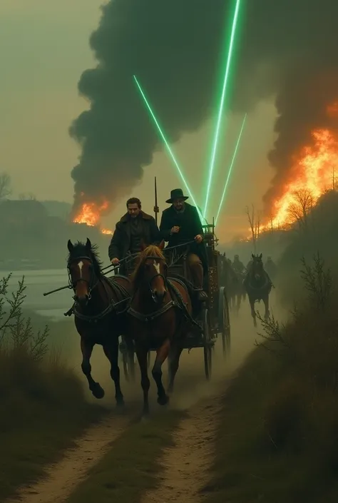 A single horse carriage ,  driven by a man and a woman ,  fleeing down a hill with a burning village in the background, Black smoke in the sky, Green laser beams in the background, 18th century