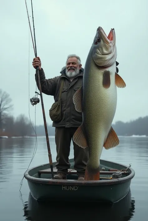 A fisherman with his fishing rod in a boat on a lake carrying a huge zander who smiles with his mouth wide open under a cloudy sky during the winter