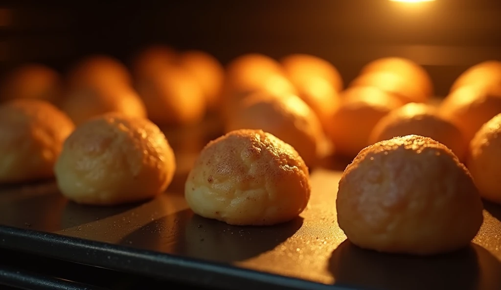 Create image of round, ball-shaped cinnamon-sugar coated cookies baking in the oven. The cookies should be perfectly round, holding their spherical shape without flattening, with golden-brown edges starting to form while maintaining their roundness. The ov...