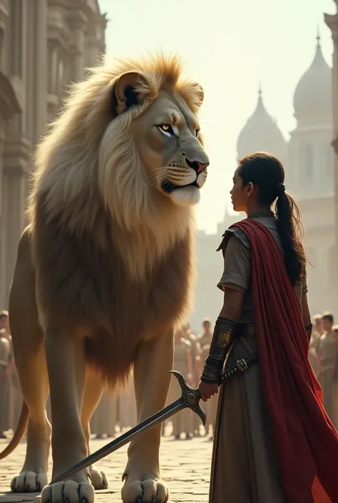 A majestic, large lion with a massive build and long, flowing white mane stands proudly. In front of the lion is a young warrior dressed in traditional warrior attire, facing the camera with his face clearly visible. His long hair is tied back, and he hold...