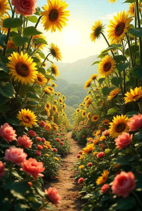 a garden divided on one side planted by roses and the other side planted by sunflowers