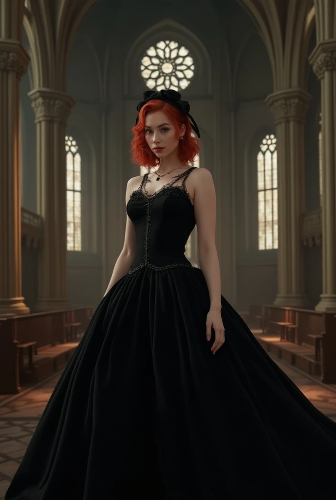  Woman with elegant black bow hairstyle ,Red hair , with grey eyes ,her body with large bust  ,  wearing a black wedding dress princess ampon ,  standing in a Gothic cathedral  