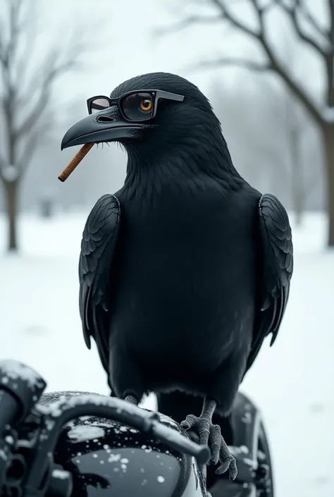 Crow with black glasses smoking a cigar on a snowy motorcycle