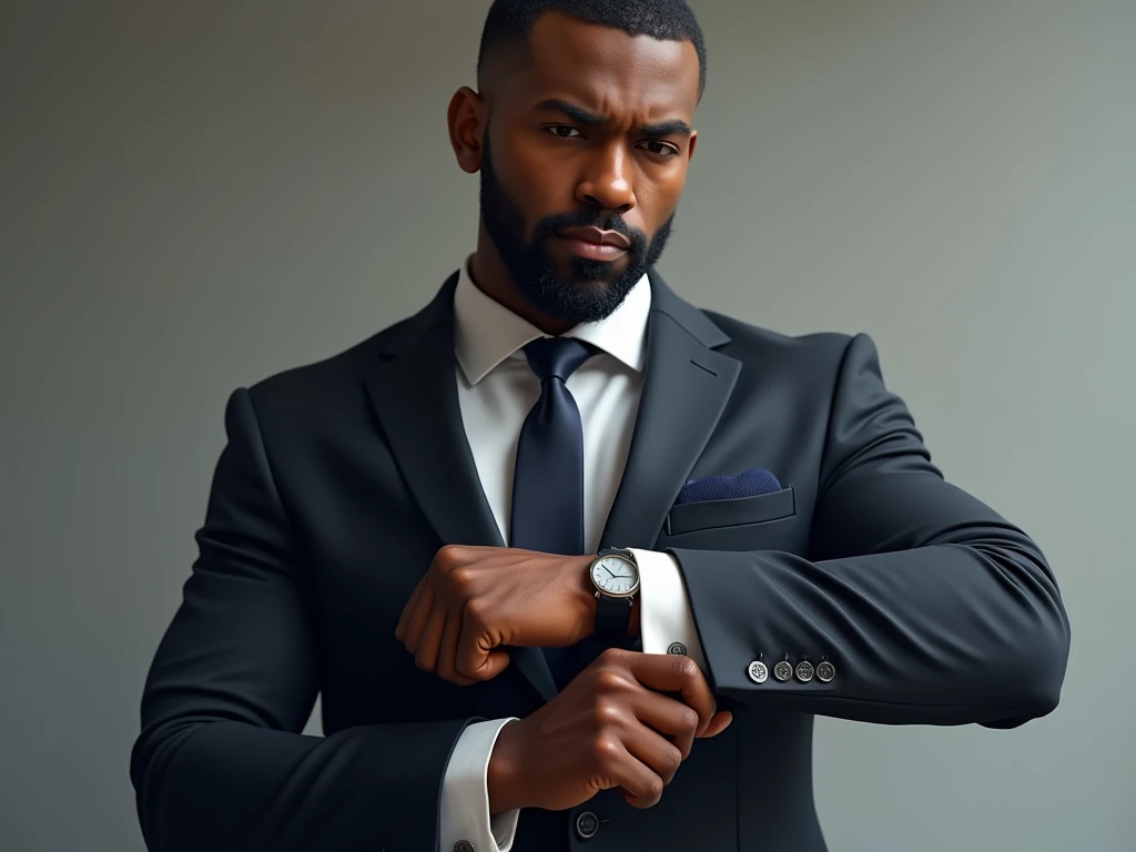 **Suit Jacket Adjust** – Realistic Black American with whole body Adjusting the cufflinks of a suit jacket with a confident look.
