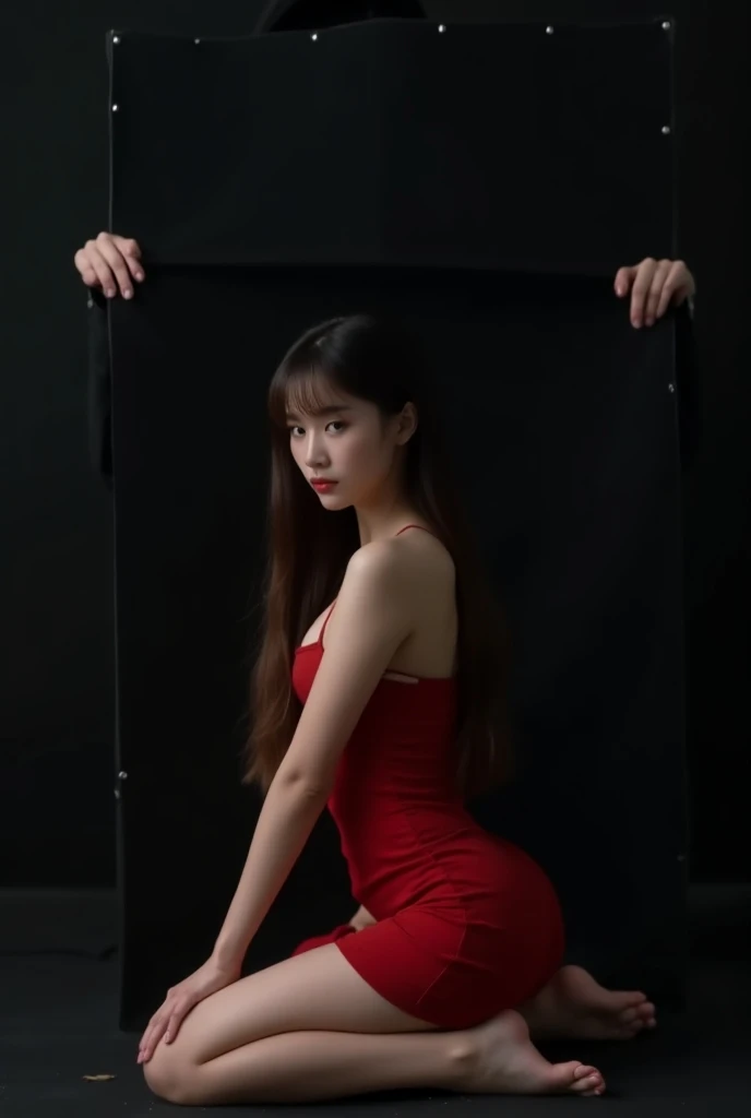  Make a K-pop solo artist , called YunY , It will be a photo of her debut ,  she has long straight hair and a straight fringe, She will be behind a large black screen, call me honey the hello, She will be crouched and will be wearing a tight red dress 