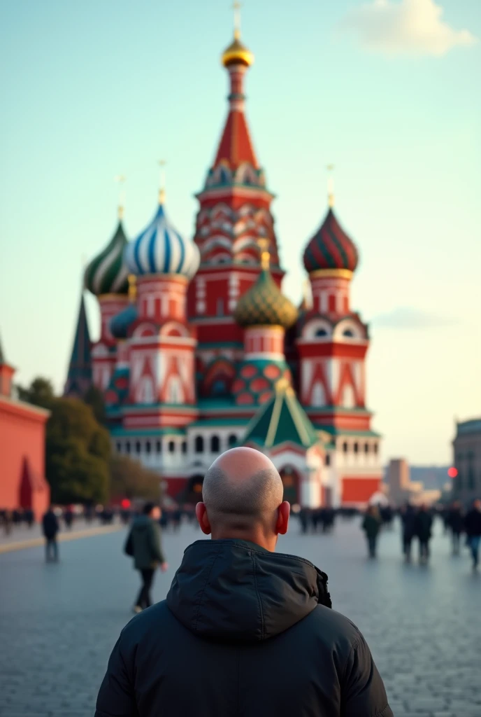 A highly realistic, high-definition image of a bald man standing at a distance on Red Square in Moscow, with most of the focus on the vibrant surroundings. The iconic St. Basils Cathedral with its colorful domes and detailed architecture is prominently dis...