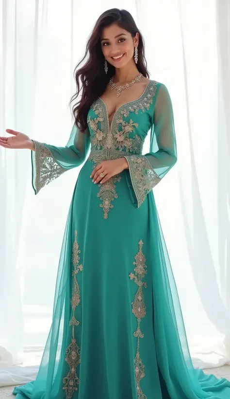 A beautiful Turkish woman in a turquoise dress invites guests with a hand gesture. a woman is standing at full height, beautiful shoes.