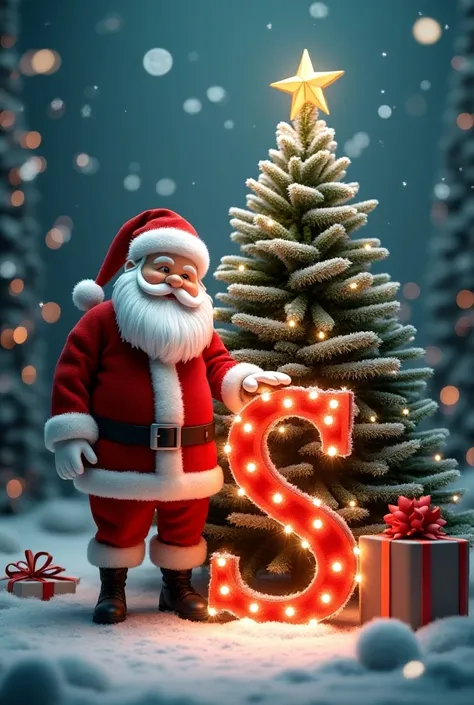 Letter S in the middle of the image 
Christmas background 
Christmas tree 
Santa Claus 
Christmas gift