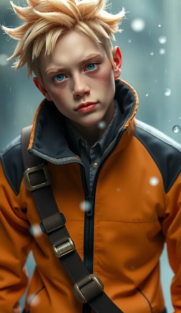 naruto uzumaki, age 16, portrait from chest to hips, wearing orange and black jacket with zipper, ninja tool pouch, young ninja ...