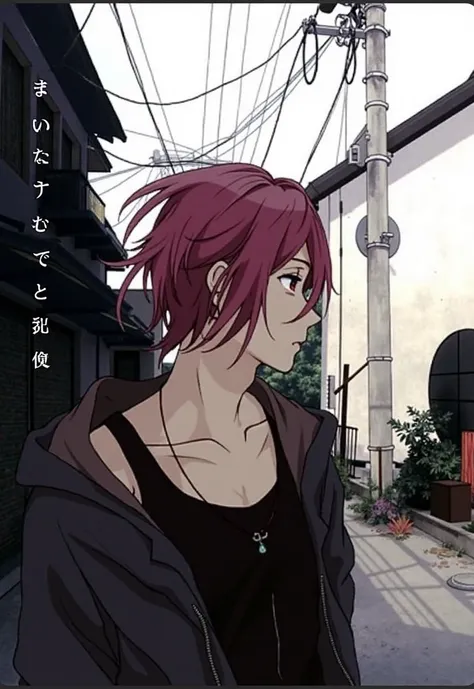  Draw me the Matsuoka Rin character from the anime series "Free!". Make him thoughtful , empty-looking .  Palette and lighting : Muted colors ,  with warm and cool shades ,  architecture that creates an atmosphere of melancholy and nostalgia .  The lightin...