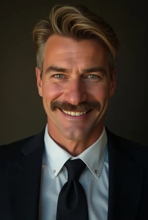 A tall, handsome, middle age, muscular  Irish/American man. Short dirty blonde hair with a mustache no beard. Wearing a suit, smiling for the camera. Green eyes.