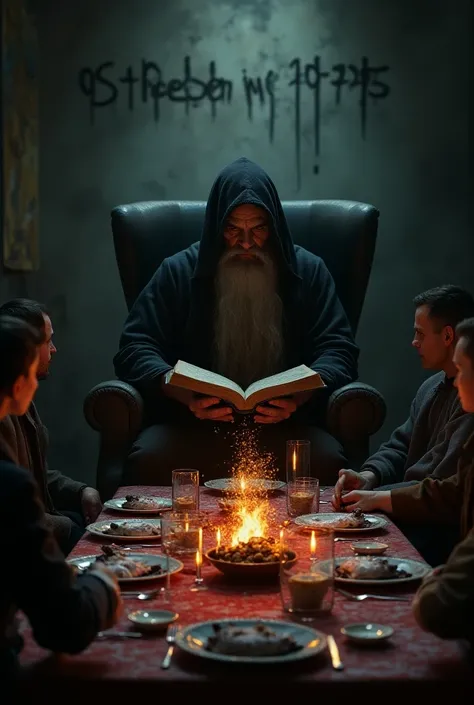 A demonic clean-shaven old man with long hair with a hood over his head in a blue monks robe sits in an armchair and holds a book in his hands at a long holiday table with fried rats and worms as food. And New Years Eve table fireworks . Men and women sit ...