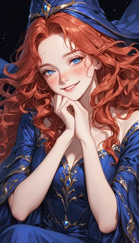 Mature Woman with red wavy long hair, many freckles, light blue eyes, half-closed eyes, longeyelashes, smile, blush, dark blue magician long dress, masterpiece, anatomically corrected