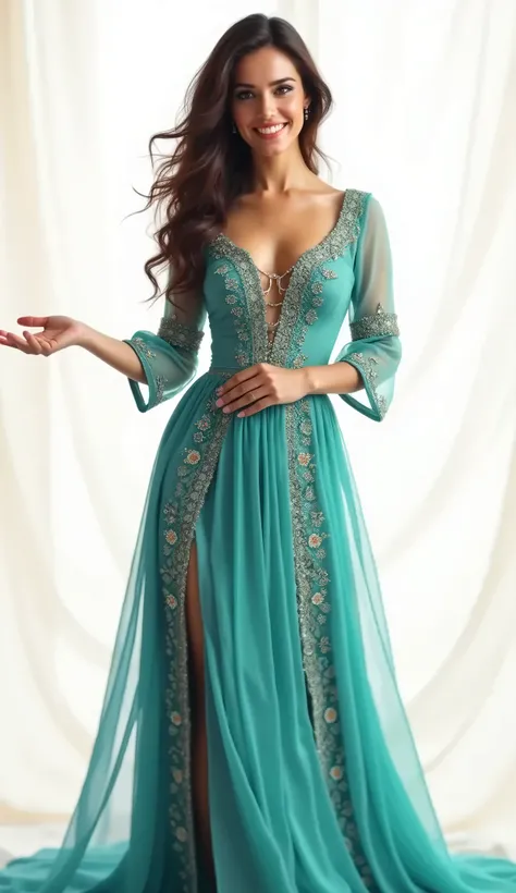 A beautiful Turkish woman in a turquoise dress invites guests with a hand gesture. a woman is standing at full height, beautiful shoes.