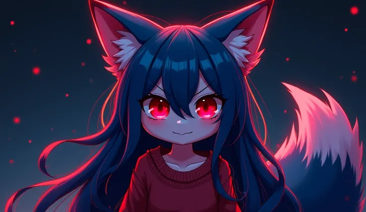 Female, Mobian, Fox, ((())), (((2D Anime Style))), (solo), (1girl), high quality digital art, red and black neon lines sketch art, a dark blue furred female anthropomorphic Fox, has glowing red eyes, (((dark blue fur))),  (ish smiling), open mouth, (((VERY...