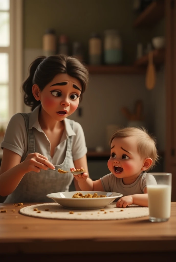  I want an image of a Baby hitting the spoon with his hand not to eat ; And a frustrated and sad mother trying to give her food . 

professional 8k image 
