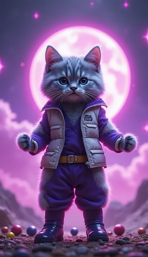 A fluffy grey kitten dressed as  future Trunks from Dragon Ball  stands like a human purple hairy super saiyan and star seven dragonball background ping flying out space