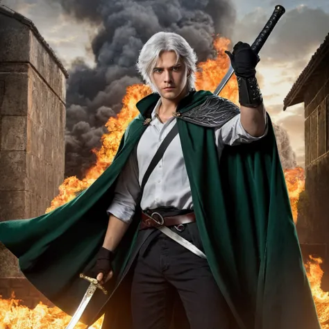  I need an anime cover ,  with a fallen kingdom , On fire and  "destroyed" In the background,  in front of the main adolescent character, masculine,  white hair and green eyes , with a katana at his waist, simple clothes, com uma capa verde worn out,  next...