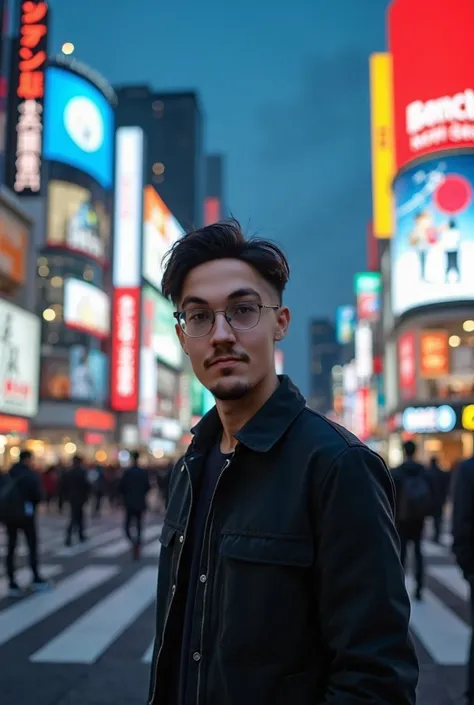 highly realistic, high-definition image of a 25-year-old man with glasses, standing near Shibuya Crossing in Tokyo, facing the camera with a relaxed and confident expression. The bustling, iconic intersection is alive with motion in the background, with pe...