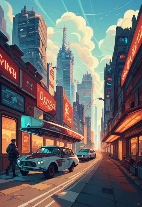  science fiction ,  Soviet constructivism ,  city of the future, neon signs, skyscrapers, Soviet banners , A beautifully electric car parked on a cobblestone street in front of a classic diner with neon signs.  The cars polished chrome glitters in the soft...