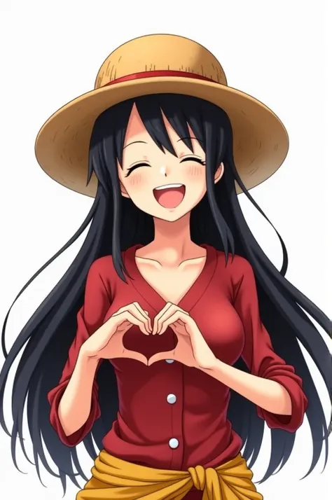 One with Luffys hat and his blouse also with long black hair and white background and making a heart with her hands and with an open smile eyes closed 